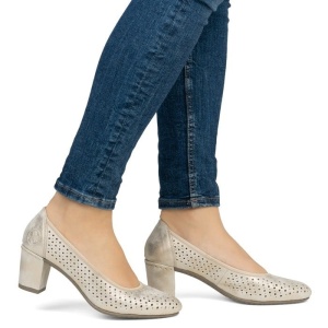 Pantofi dama bej casual piele ecologica perforati cu toc Rieker 41057-60-Bej