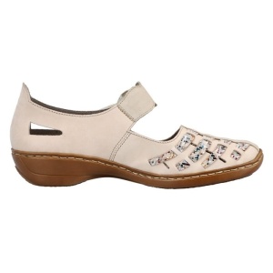 Pantofi dama bej casual piele naturala perforati cu talpa joasa Rieker 41369-60-Bej