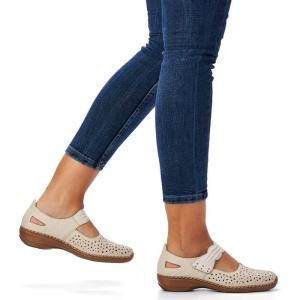 Pantofi dama bej casual piele naturala perforati cu talpa joasa Rieker 41399-60-Bej