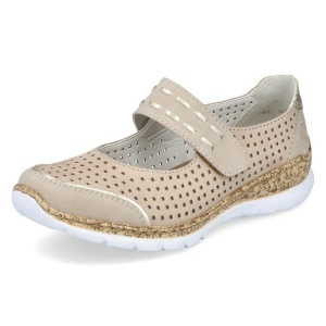 Pantofi dama bej casual piele naturala perforati cu talpa joasa Rieker N4257-60-Bej