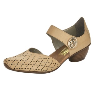 Pantofi dama bej casual piele naturala perforati cu toc Rieker 43760-60-Bej