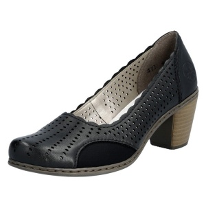 Pantofi dama negru casual piele naturala perforati cu toc Rieker 40952-00-Negru