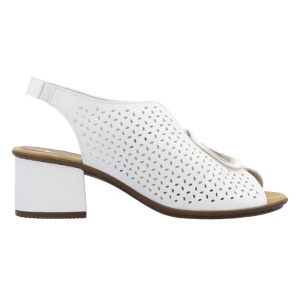 Sandale dama alb casual din piele ecologica perforata cu toc Rieker 64656-80-Alb
