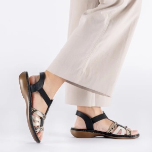 Sandale dama negru casual piele ecologica cu imprimeu sarpe cu talpa joasa Rieker 65918-92-Negru