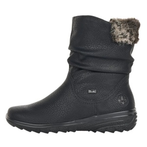 Cizme dama, negru, casual, piele ecologica, impermeabile, imblanite, scurte, cu talpa joasa, Rieker Z7088-00-Negru