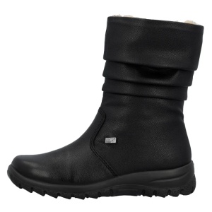 Cizme dama, negru, casual, piele ecologica, impermeabile, imblanite, scurte, cu talpa joasa, Rieker Z7171-02-Negru