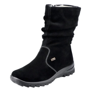 Cizme dama negru casual piele intoarsa impermeabile imblanite scurte cu talpa joasa Rieker Z7171-01-Negru