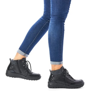 Ghete dama negru casual piele naturala impermeabile imblanite cu talpa joasa Rieker L7148-00-Negru