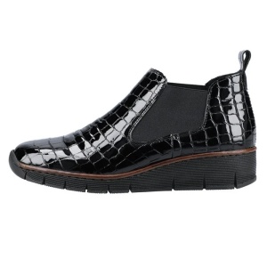 Ghete dama, negru, casual, piele naturala lacuita, cu talpa joasa, Rieker 53794-01-Negru