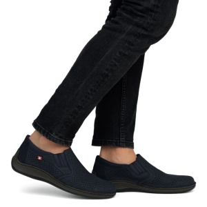 Pantofi barbati albastru inchis casual piele naturala perforati cu talpa joasa Rieker 05297-14-Albastru-Inchis