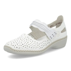 Pantofi dama alb casual piele naturala perforati cu talpa joasa Rieker 41399-80-Alb