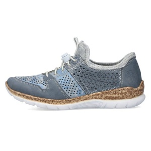 Pantofi dama, albastru, casual, piele ecologica si textil, perforati, cu talpa joasa, Rieker N4255-12-Albastru