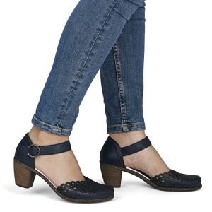 Pantofi dama albastru casual piele naturala perforati cu toc Rieker 40902-14-Albastru