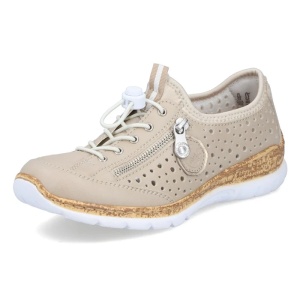 Pantofi dama bej casual piele ecologica perforati cu talpa joasa Rieker N42P6-62-Bej