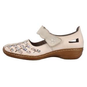 Pantofi dama, bej, casual, piele naturala, perforati, cu talpa joasa, Rieker 41369-60-Bej
