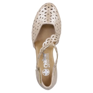 Pantofi dama bej eleganti piele ecologica stralucitori perforati cu toc Rieker 41055-62-Bej
