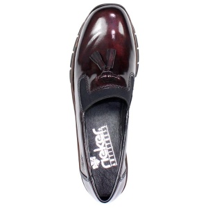 Pantofi dama bordo casual piele lacuita si piele ecologica cu ciucuri cu talpa joasa Rieker 53751-35-Bordo