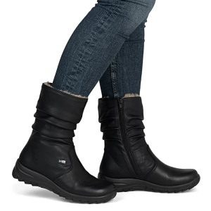 Cizme dama negru casual piele ecologica impermeabile imblanite scurte cu talpa joasa Rieker Z7171-02-Negru