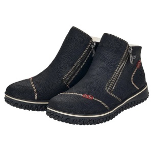 Ghete dama negru casual piele ecologica impermeabile imblanite cu talpa joasa Rieker L4270-00-Negru