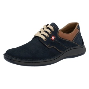 Pantofi barbati albastru inchis casual piele naturala perforati cu talpa joasa Rieker 05207-15-Albastru-Inchis