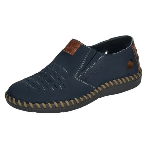 Pantofi barbati albastru inchis casual piele naturala perforati cu talpa joasa Rieker B2457-14-Albastru-Inchis