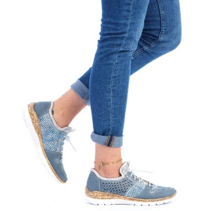 Pantofi dama albastru casual piele ecologica si textil perforati cu talpa joasa Rieker N4255-12-Albastru