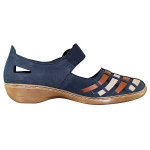 Pantofi dama albastru inchis casual piele naturala perforati cu talpa joasa Rieker 41369-14-Albastru-Inchis