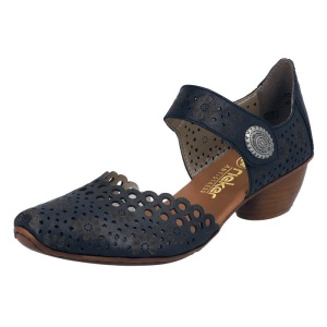 Pantofi dama albastru inchis casual piele naturala perforati cu toc Rieker 43753-14-Albastru-Inchis