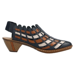 Pantofi dama albastru inchis casual piele naturala perforati cu toc Rieker 46778-14-Albastru-Inchis