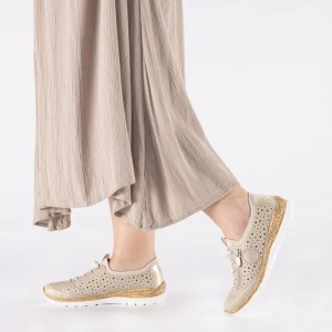 Pantofi dama bej casual piele ecologica perforati cu talpa joasa Rieker N42P6-62-Bej