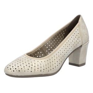 Pantofi dama bej casual piele ecologica perforati cu toc Rieker 41057-60-Bej