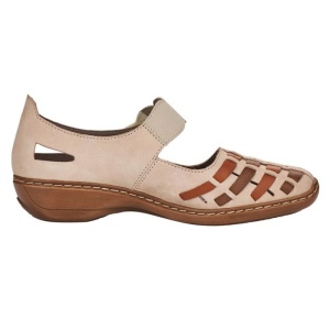 Pantofi dama bej casual piele naturala perforati cu talpa joasa Rieker 41369-61-Bej