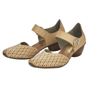 Pantofi dama bej casual piele naturala perforati cu toc Rieker 43760-60-Bej