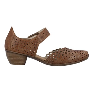 Pantofi dama maro casual piele naturala perforati cu toc Rieker 43753-22-Maro