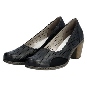 Pantofi dama negru casual piele naturala perforati cu toc Rieker 40952-00-Negru