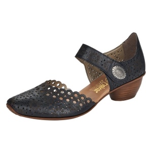 Pantofi dama negru casual piele naturala perforati cu toc Rieker 43753-00-Negru