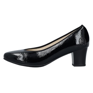 Pantofi dama, negru, elegant, piele ecologica lacuita, cu toc, Rieker 44650-02-Negru