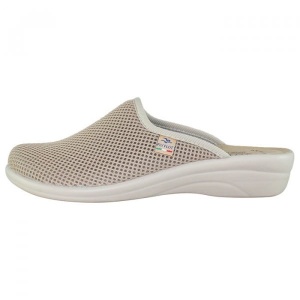 Saboti dama, bej, ortopedici, de casa, textil, cu interior din piele naturala, talpa joasa, Fly Flot T4-368-FE-Bej