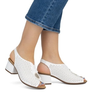 Sandale dama alb casual din piele ecologica perforata cu toc Rieker 64656-80-Alb