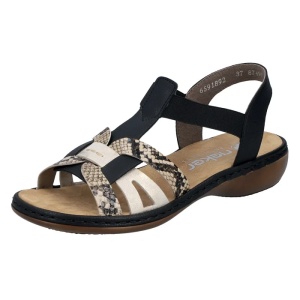 Sandale dama negru casual piele ecologica cu imprimeu sarpe cu talpa joasa Rieker 65918-92-Negru