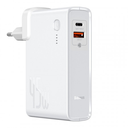 Incarcator GaN + powerbank 10000mAh 2in1 Baseus Power Station, USB + USB-C, QC 3.0, PPS, PD 3.0, 5A, 45W (alb)