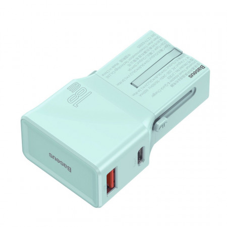 Incarcator universal de retea Baseus, QC 3.0, PD, USB + USB-C, 100-240V, 18W, EU/US/UK/AU (albastru)