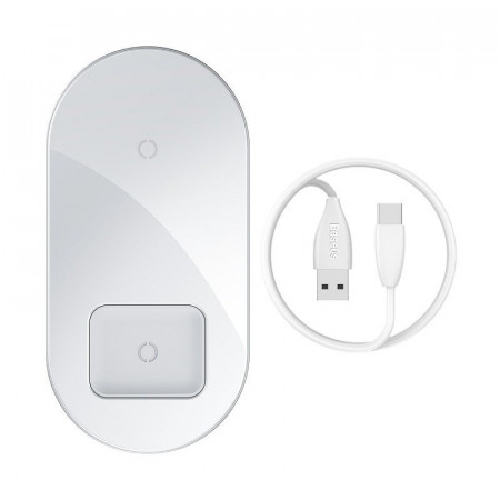 Incarcator wireless Qi 2in1 Baseus Simple 15W pt telefon si Apple Airpods (alb)