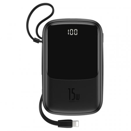 Powerbank Baseus Qpow cu cablu Lightning, 10000mAh, 3A, 15W (negru)