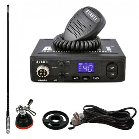 Promotie statie radio CB Avanti Alpha + antena CB Sirio T3/27 + suport portbagaj + adaptor PL-DV