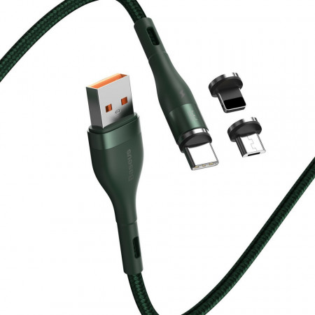 Cablu de date Baseus 3 in 1 magnetic cu incarcare rapida 5A, 1m, Verde