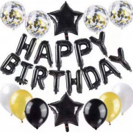 Set baloane Happy Birthday negru si auriu