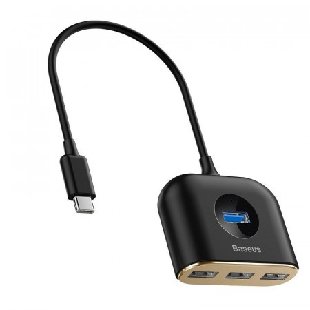 Adaptor USB-C 4in1 Baseus Square Round, HUB USB-C la 1x USB 3.0 + 3x USB 2.0, 17cm (negru)