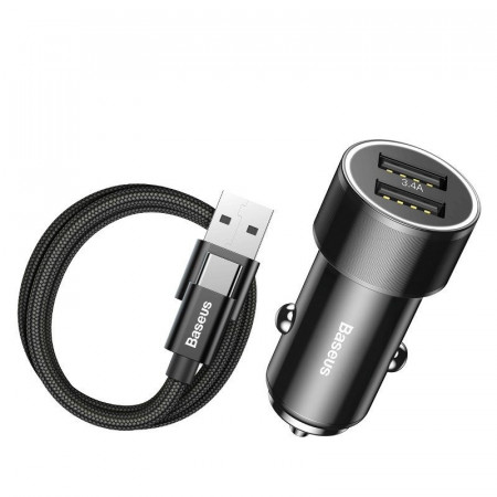 Incarcator auto + cablu USB-C Baseus Small Screw 2xUSB 3.4A (negru)