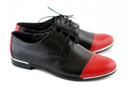 Pantofi dama piele naturala cu siret negru cu rosu cod P50R - Made in Romania